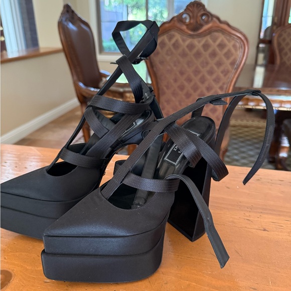 Versace Shoes - Black Platform Heels with Ribbon Straps